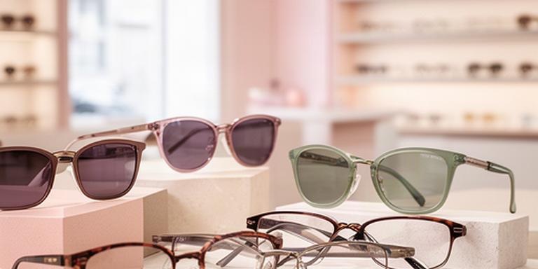 Auswahl moderner Sonnen- und Korrekturbrillen auf einem Tisch in einem Optikgeschäft in Uster