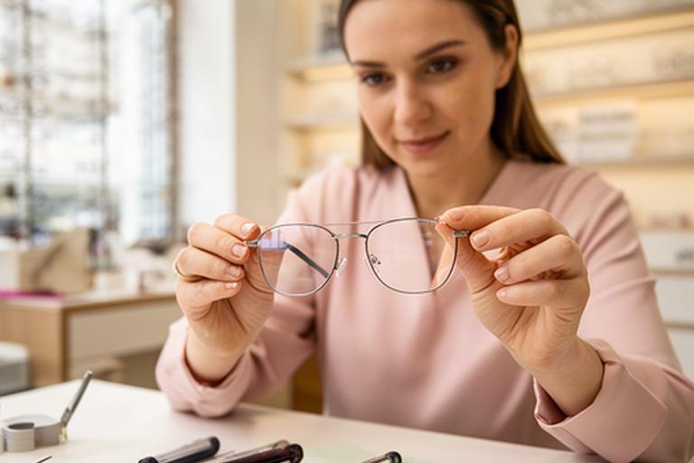 Optikerin prüft eine Brillenfassung an einem hellen Arbeitsplatz in Uster