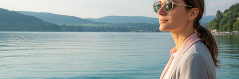 Person mit runder Sonnenbrille am Ufer des Zürichsees an einem hellen Nachmittag