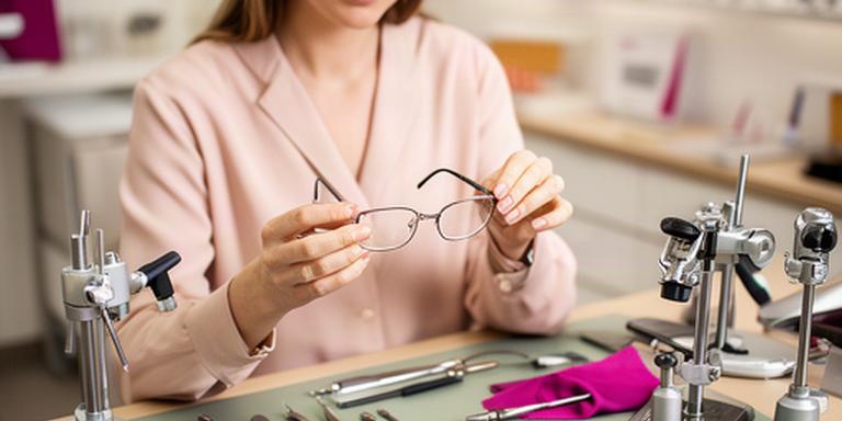 Optikerin misst eine Brillenfassung an einem Werkstattplatz mit Werkzeugen in Uster